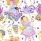 Seamless pattern with Alice, Cheshire Cat, cups, teapots, white rabbit, key, playing cards.
