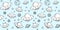 Seamless pattern with alien spaceships, different planets and stars on a pale blue