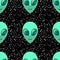 Seamless pattern with Aliens green heads and stars. Smiling visitors, Martians. Vector illustration, wallpaper on theme of space,