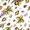 Seamless Pattern with Almond kernels of nuts and a branch of almonds with nuts, fruits, flowers.