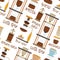 Seamless pattern of alternative methods of brewing. Coffee culture. Aeropress, hario, pour over, geyser coffee maker, cold brew,