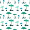 Seamless pattern with amanita mushrooms with bright blue and green hat