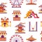 Seamless pattern amusement park with carousels, waterslides, balloons, inflatable trampoline castle, ferris wheel