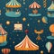 Seamless pattern amusement park or circus illustrations. Vintage fair elements and outline drawings seamless dark