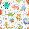 Seamless pattern with amusing fantastic monsters, fairytale creatures, fantastic beasts on white background. Flat