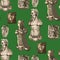 Seamless pattern of ancient statues of a muscular man with a beard, beautiful woman and growling lions heads