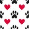 Seamless pattern with animal paw prints and hearts. Dog or cat hand drawn paw print.