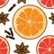 Seamless pattern with anise star, orange and graipfruit slices and clove. Vector Christmas tiled background. Wrapping paper textur