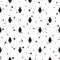 Seamless pattern with antarctic penguins and snow flakes. black standing pinguin ornament on white