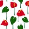 Seamless pattern with anthurium flowers and leaves.