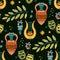 Seamless pattern with antique amphora, harp, olive branch, torch, mask