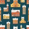 Seamless pattern with antique city buildings, clock towers. Backdrop with residential houses of old European