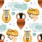 Seamless pattern with antique statue of woman, amphora, harp, pattern