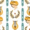 Seamless pattern with antique statue of woman, harp, pattern