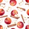 Seamless pattern with apples, slices and cinnamon sticks on white background.