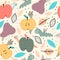 Seamless pattern with apples, worms, pears, caterpillars, decor elements on a neutral background. colorful vector for kids. hand d