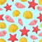 Seamless pattern with aquatic nautical shellfish, coral stars, shell, mollusk, sea or ocean design