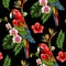 Seamless pattern with ara parrot, palm leaves and hibiscus embroidery. Tropical texture for print.