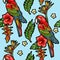 Seamless pattern with ara parrot, palm leaves and hibiscus embroidery. Tropical texture for print.