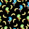 Seamless pattern with ara parrots and bananas. Blue, yellow, green, pink, red. Black background. Cartoon style. Cute and funny.