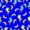 Seamless pattern with ara parrots and bananas. Blue, yellow, green, pink, red. Blue background. Cartoon style. Cute and funny. For