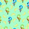 Seamless pattern with ara parrots and bananas. Blue, yellow, green, pink, red. Green background. Cartoon style. Cute and funny.