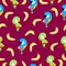 Seamless pattern with ara parrots and bananas. Blue, yellow, green, pink, red. Purple background. Cartoon style. Cute and funny.