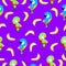 Seamless pattern with ara parrots and bananas. Blue, yellow, green, pink, red. Violet background. Cartoon style. Cute and funny.