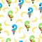 Seamless pattern with ara parrots and bananas. Blue, yellow, green, pink, red. White background. Cartoon style. Cute and funny.