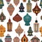 Seamless pattern with Arabic lanterns collection. Traditional oriental lamps with national floral ornament.