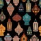 Seamless pattern with Arabic lanterns collection. Traditional oriental lamps with national floral ornament.