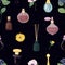 Seamless pattern with aromatic perfumes in glass decorative bottles or flasks, elegant blooming flowers on black