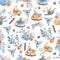 Seamless pattern of arrangements of botany elements, fruits, spices and Christmas items, made in the technique of colored pencils