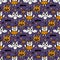 Seamless pattern with Ñartoon characters: Scary Pumpkin, Three-Eyed Bat, Vampire Cat in Pumpkin Costume.