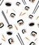 Seamless pattern for asian cafe. Korean traditional dish gimbap in chop sticks with soy sauce. Korean sushi