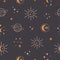Seamless pattern with astrological, astronomical, magician and spiritual elements. Sun, planets, moon, stars, space