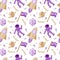 Seamless pattern with astronauts in space, drawn elements in flat style. People in outer space. Planets, stars and