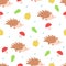 Seamless pattern of autumn drawings. Vector cartoon hedgehog Apple mushroom oak leaf. Childish ornament for wrapping paper, web