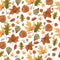 Seamless pattern of Autumn fall leaves,natural branches, colorful herbs, hand drawn in watercolor. Beauty elegant background