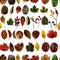 Seamless pattern of autumn leaves and berries on a white background. Leaves: gooseberry, apple tree, chokeberry, walnut, rose hip