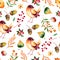 Seamless pattern with autumn leaves,flowers,branches,berries and little bird.