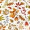 Seamless pattern with autumn leaves and tree branches. Repeatable background with fall mushrooms, chestnut, berries