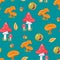 Seamless pattern with autumn mushrooms and chestnuts. Vector illustration
