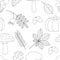 Seamless pattern autumn mushrooms and leaves pumpkin rose hip acorns vector illustration black and white colors