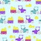 Seamless pattern with autumn pumpkins, tractors, trailer, wheelbarrow. vector illustration