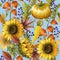 Seamless pattern with autumn yellow leaves, sunflowers and pumpkins. Vector illustration.