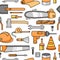 Seamless pattern with ax, helmet, screwdriver, hammer, ruler and others.