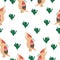 Seamless pattern. Baby armadillo character design. Cute and funny. Beige and red. Ornament on shell. With green cactus balloon.