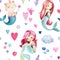 Seamless pattern, baby background with mermaids and cat, bubbles, watercolor drawing