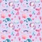 Seamless pattern, baby background with mermaids and cat-unicorn, watercolor drawing